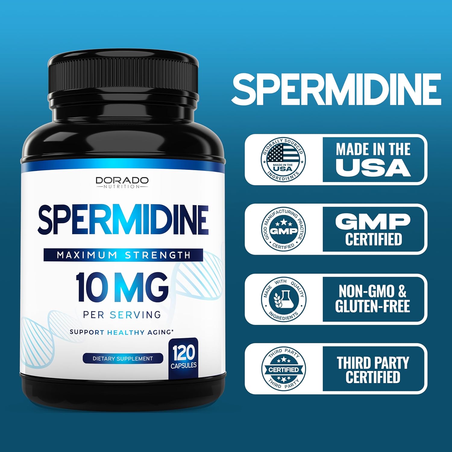 Spermidine Supplement 10mg, 120 Capsules, Gluten Free & Non-GMO R8332