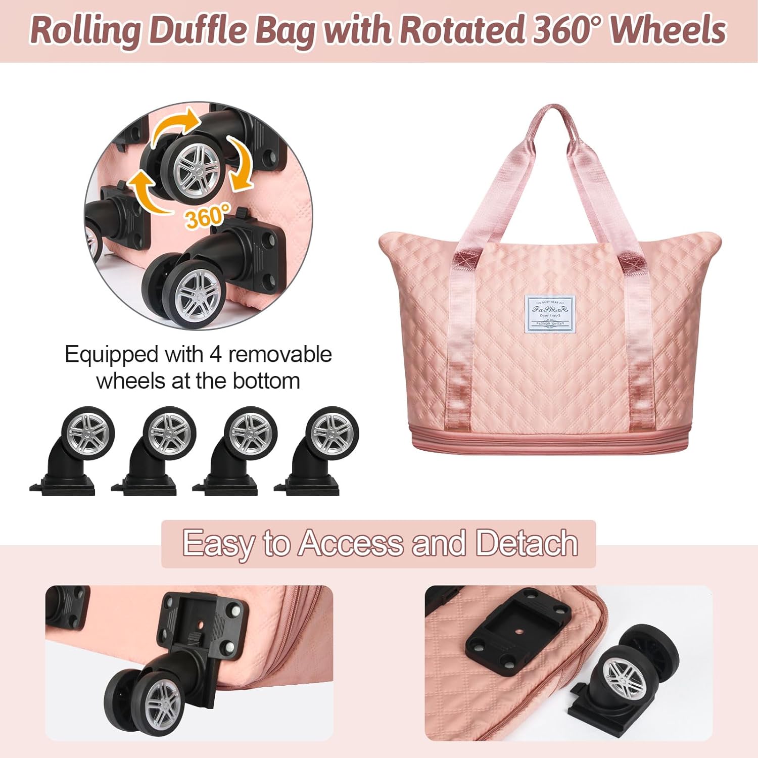 Rolling Duffel Bag with Wheels, Expandable Travel Luggage, Foldable Carry-On, Pink A167