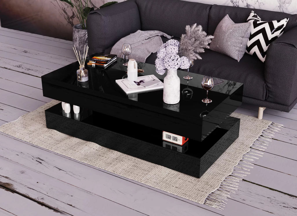 LED Coffee Table with 2 Storage Drawers, High Gloss Black, APP Control A69449
