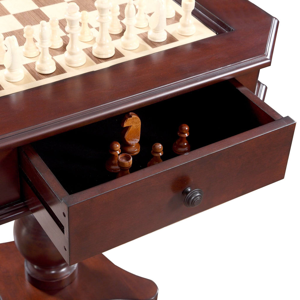 Chess Checkers and Backgammon Pedestal Game Table with Chairs, Mahogany T5614