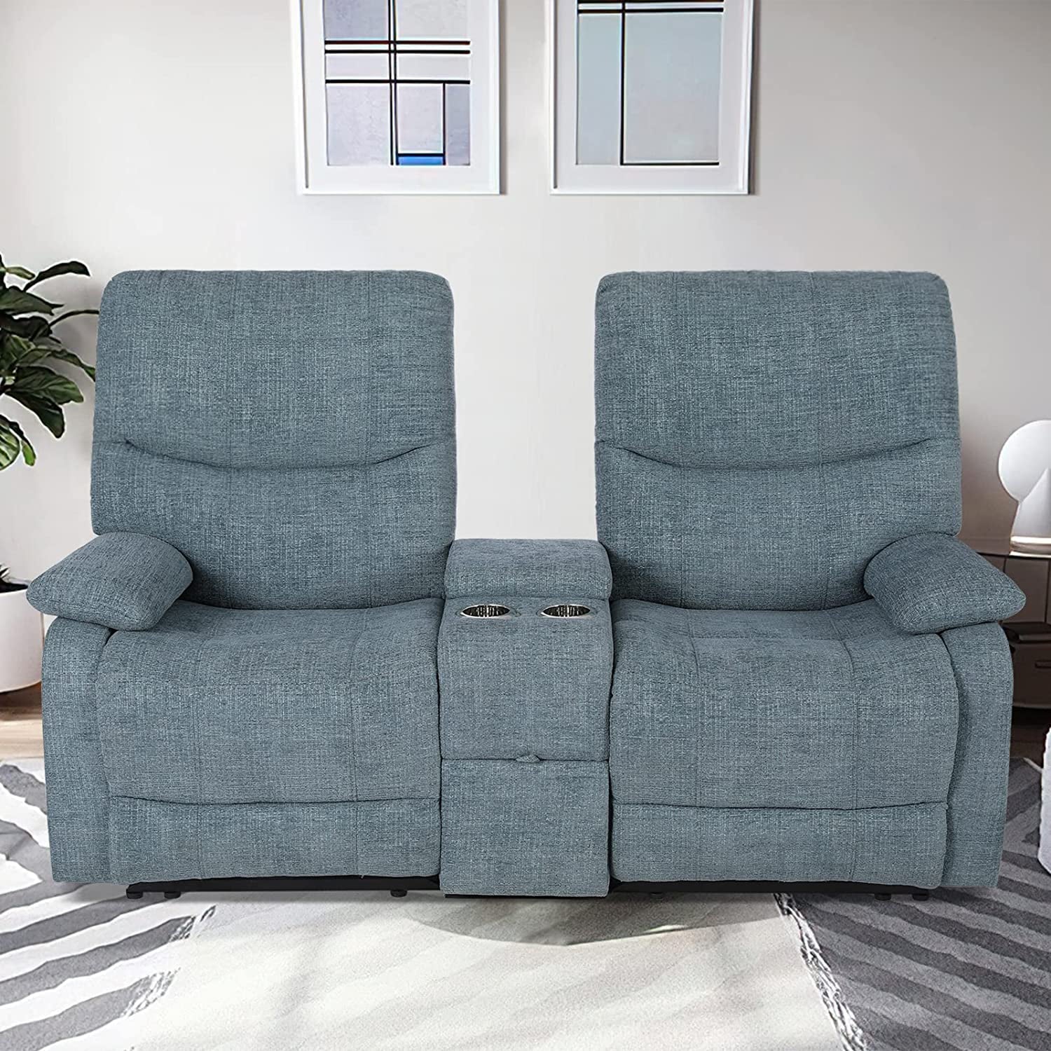 Reclining Sofa with Console, 2 Seater Fabric Loveseat with Cup Holders W678915