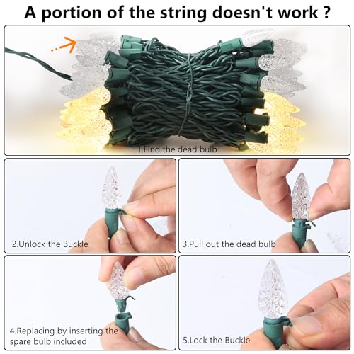 Upgrade Faceted C5 LED String Lights, 100 LED 33ft, Cool White N938