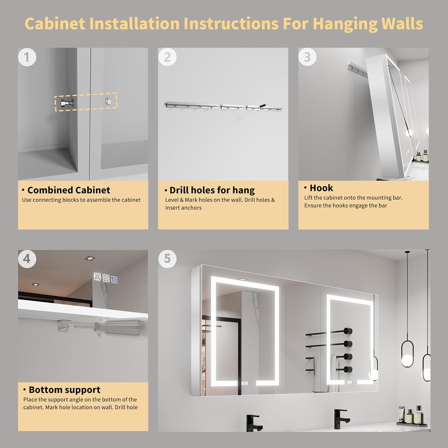 LED Lighted Bathroom Medicine Cabinet with Mirror, 60 x 30 Inch, Defog, Dimming, 2 Outlets B483042
