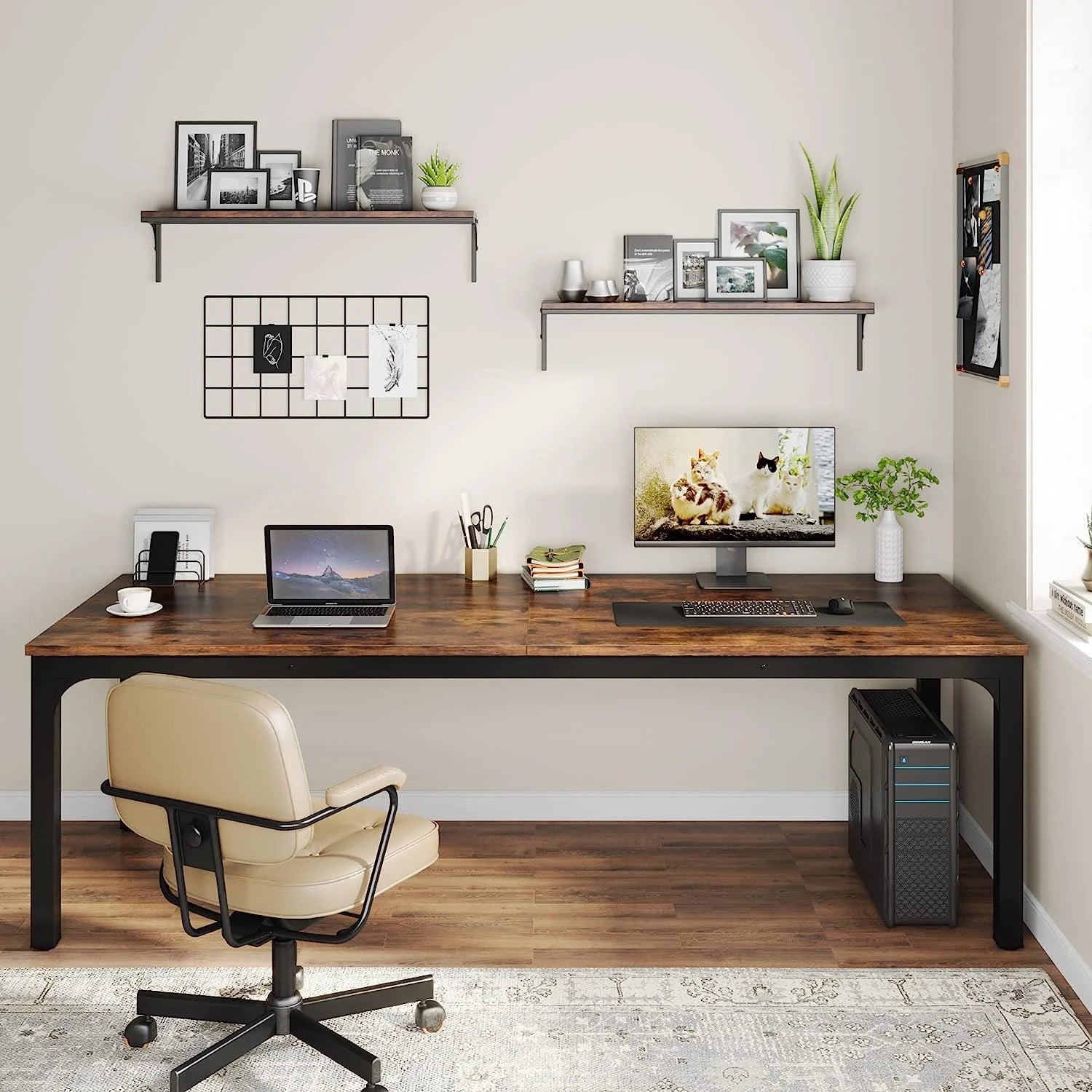 78.7 inch Extra Long Computer Desk for 2 Person, Double Office Writing Workstation with Adjustable Foot Pads, Rustic Brown R700