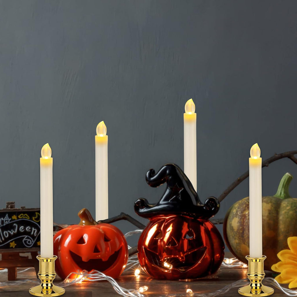 Flameless LED Taper Candles with Remote, Gold Holders, 12-Pack P6584
