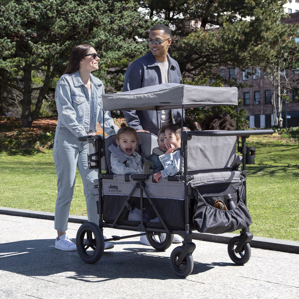 4 Seater Stroller Wagon with Convertible Seats, Adjustable Handles, Removable Canopy, Flat Fold J737378