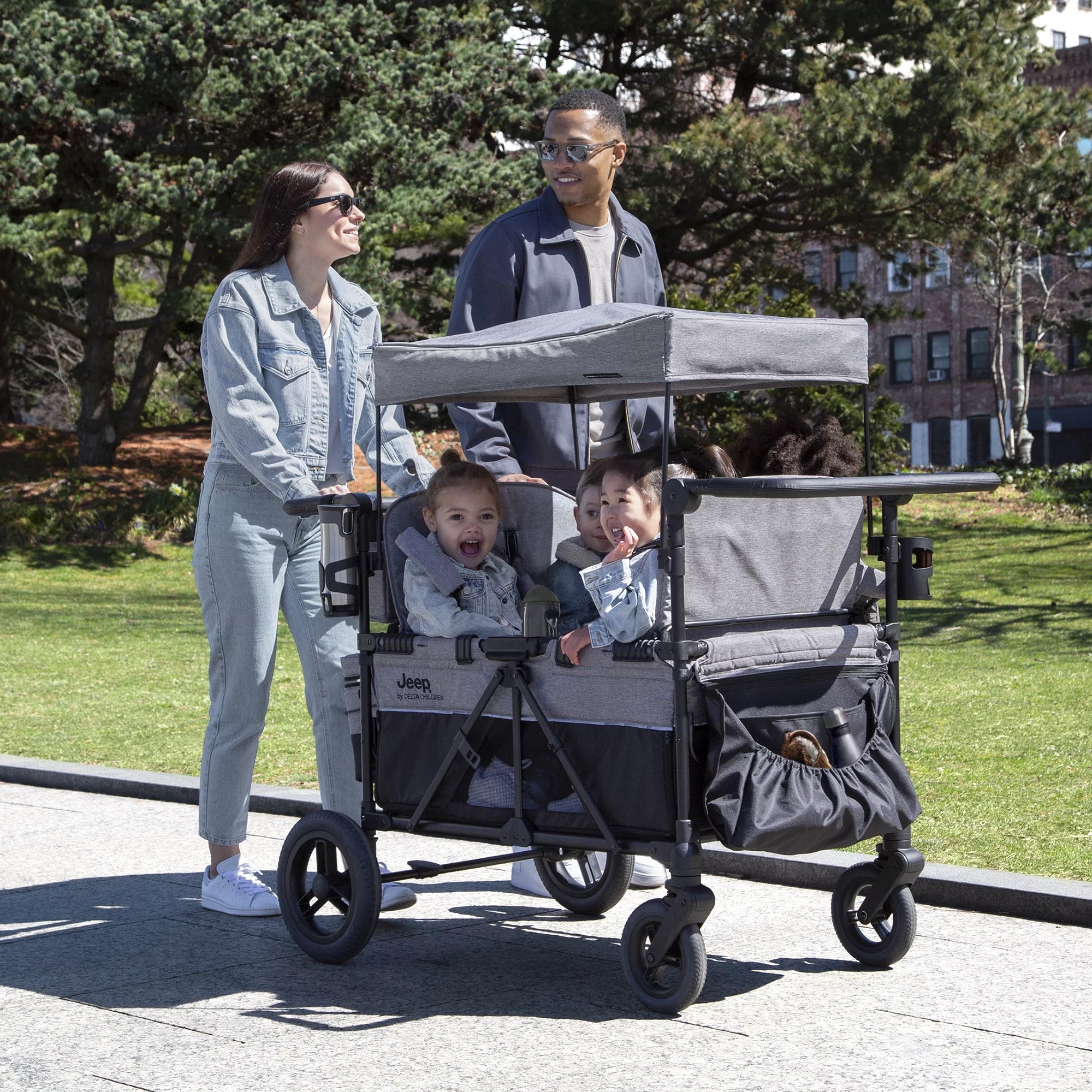 4 Seater Stroller Wagon with Convertible Seats, Adjustable Handles, Removable Canopy, Flat Fold J737378