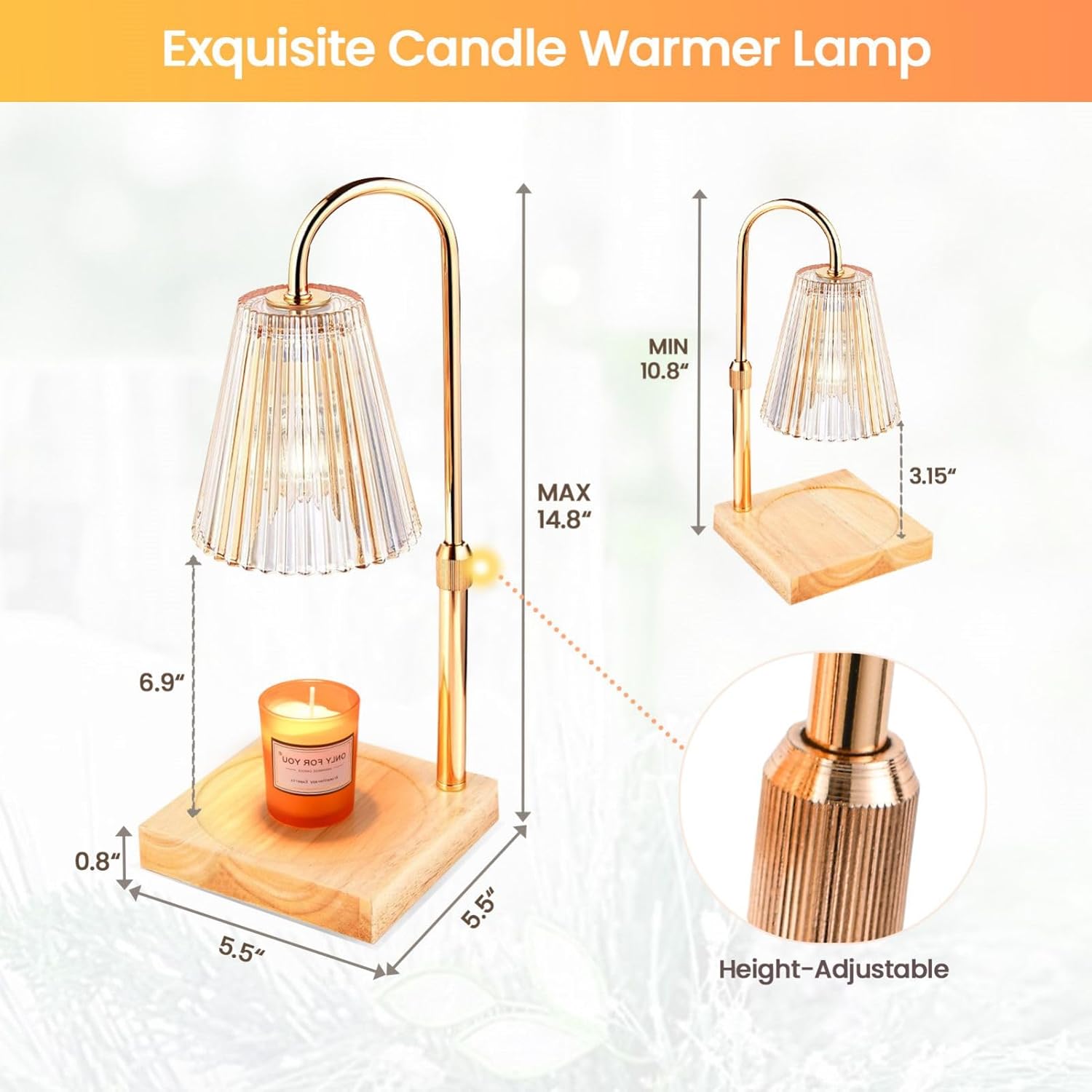 Dimmable Candle Warmer Lamp with Timer, Height Adjustable for Jar Candles G635