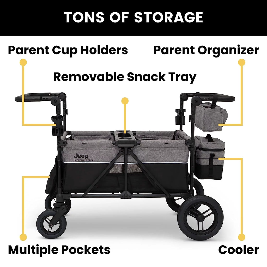 4 Seater Stroller Wagon with Convertible Seats, Adjustable Handles, Removable Canopy, Flat Fold J737378