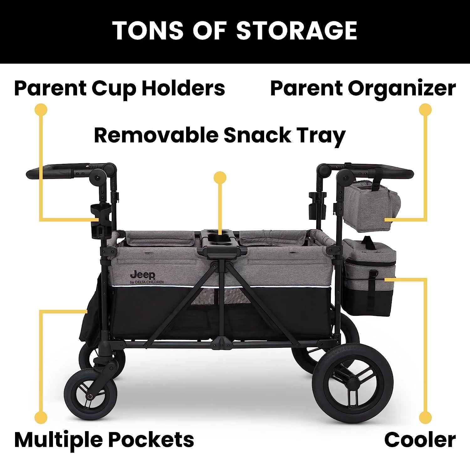 4 Seater Stroller Wagon with Convertible Seats, Adjustable Handles, Removable Canopy, Flat Fold J737378