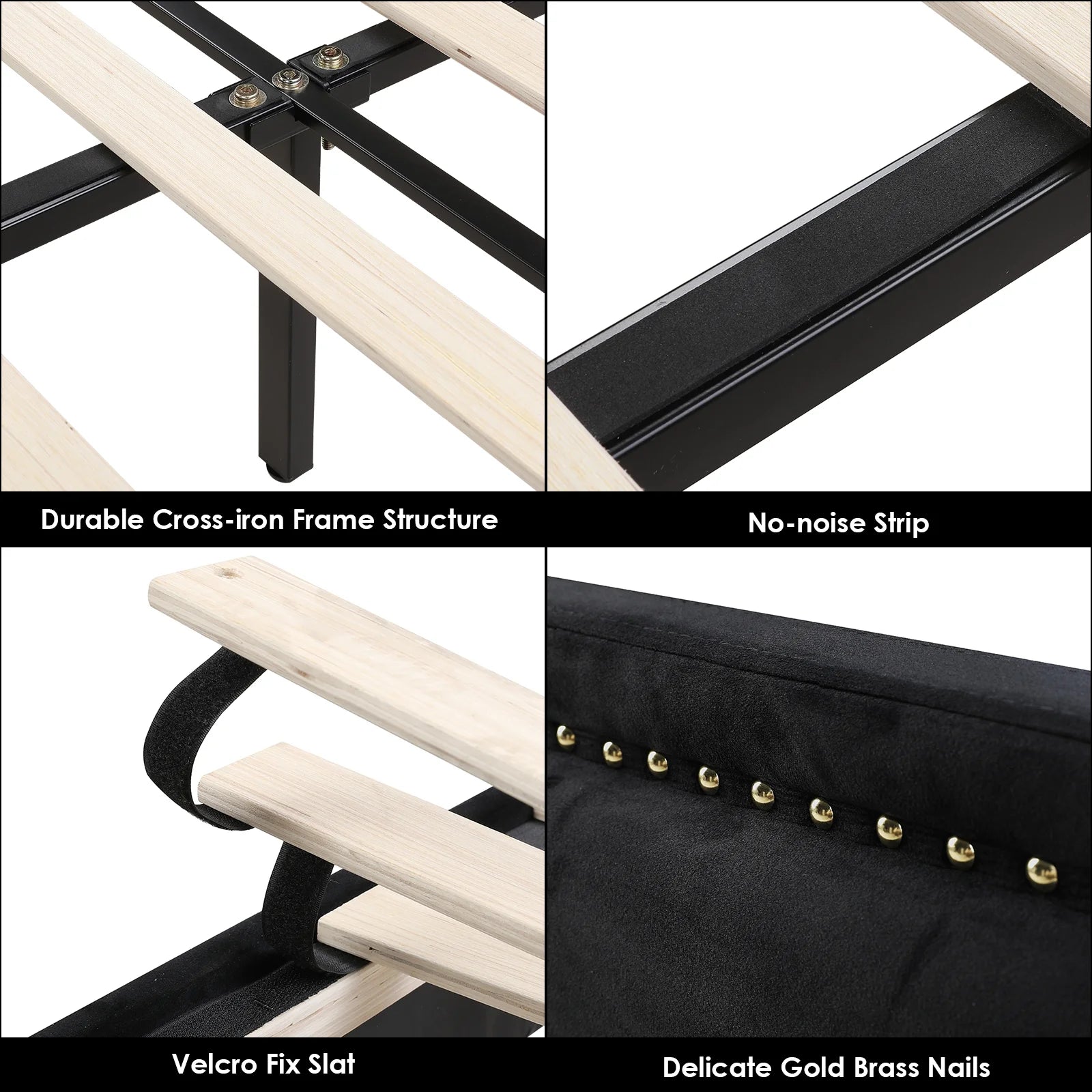 Queen Bed Frame, Velvet Upholstered Headboard with Golden Iron Sheet, Black Y30260