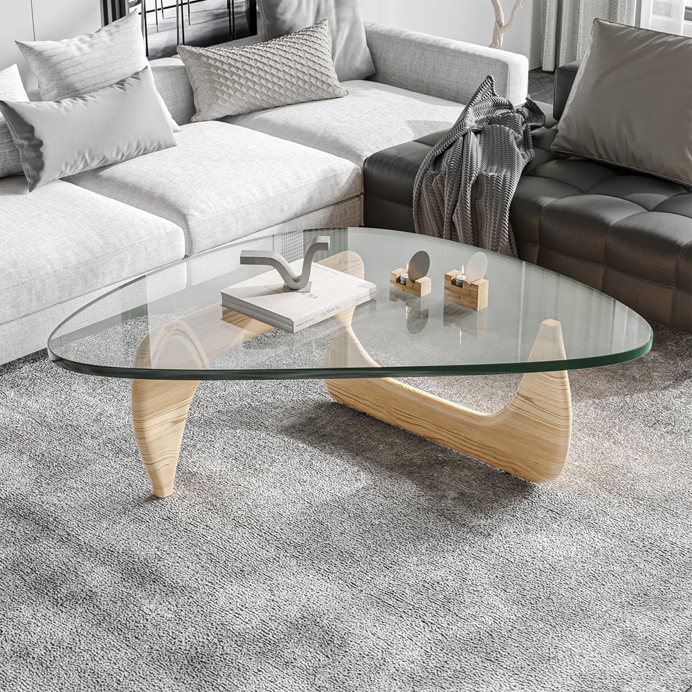 Mid Century Triangle Tempered Glass Coffee Table with Solid Wooden Base D231690