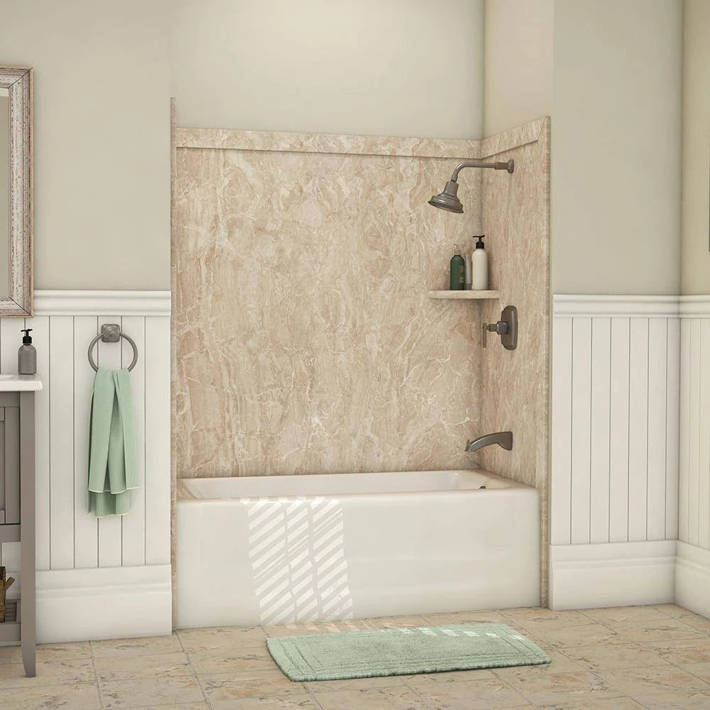 FlexStone Elite 32 in. x 60 in. x 60 in. 9-Piece Easy Up Adhesive Tub Surround in Alaskan Ivory