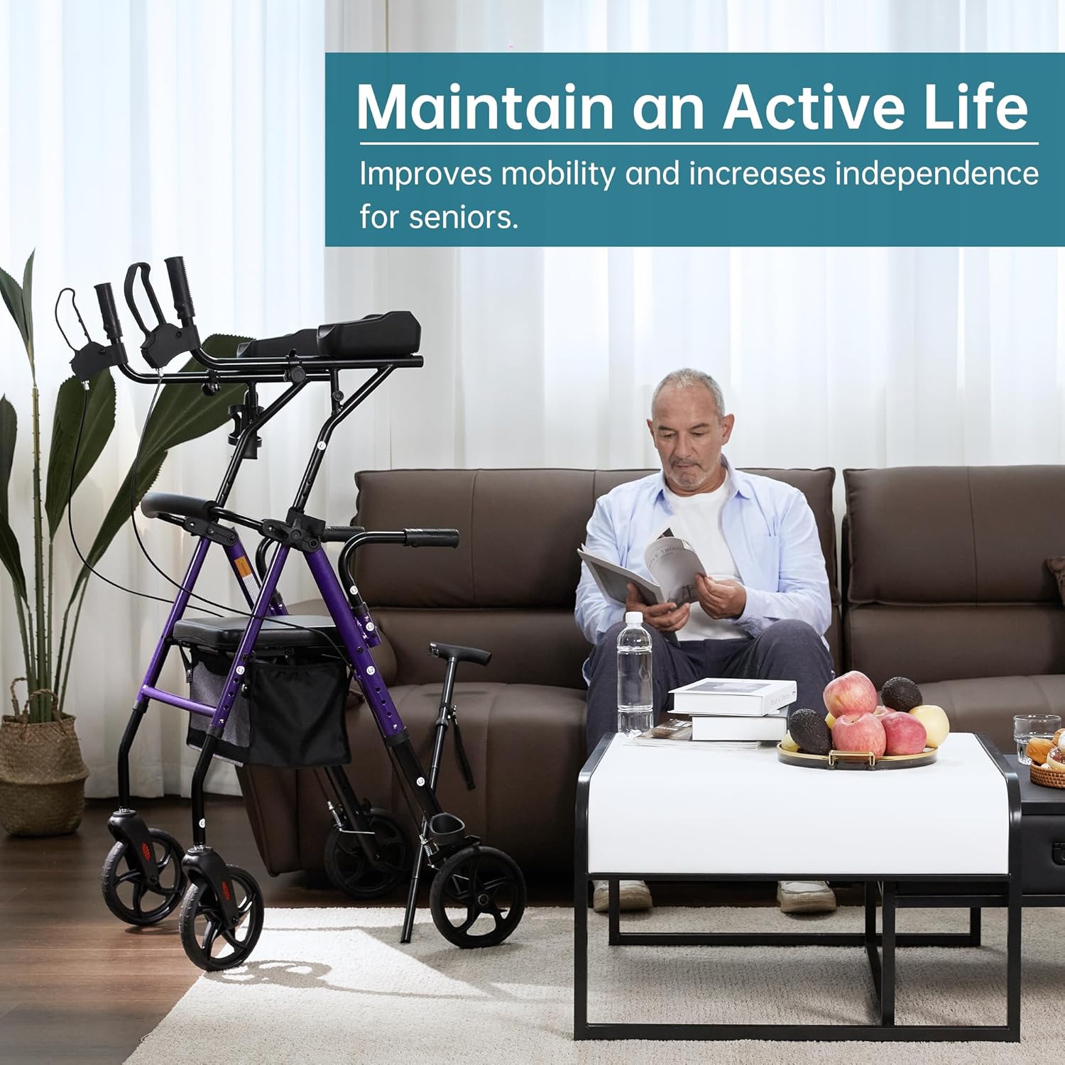 Upright Walker with Padded Seat and Backrest, Compact Folding, Purple O758830