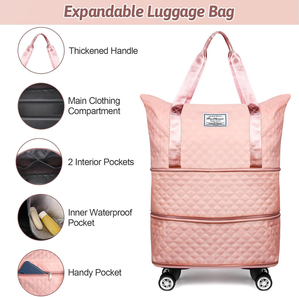 Rolling Duffel Bag with Wheels, Expandable Travel Luggage, Foldable Carry-On, Pink A167