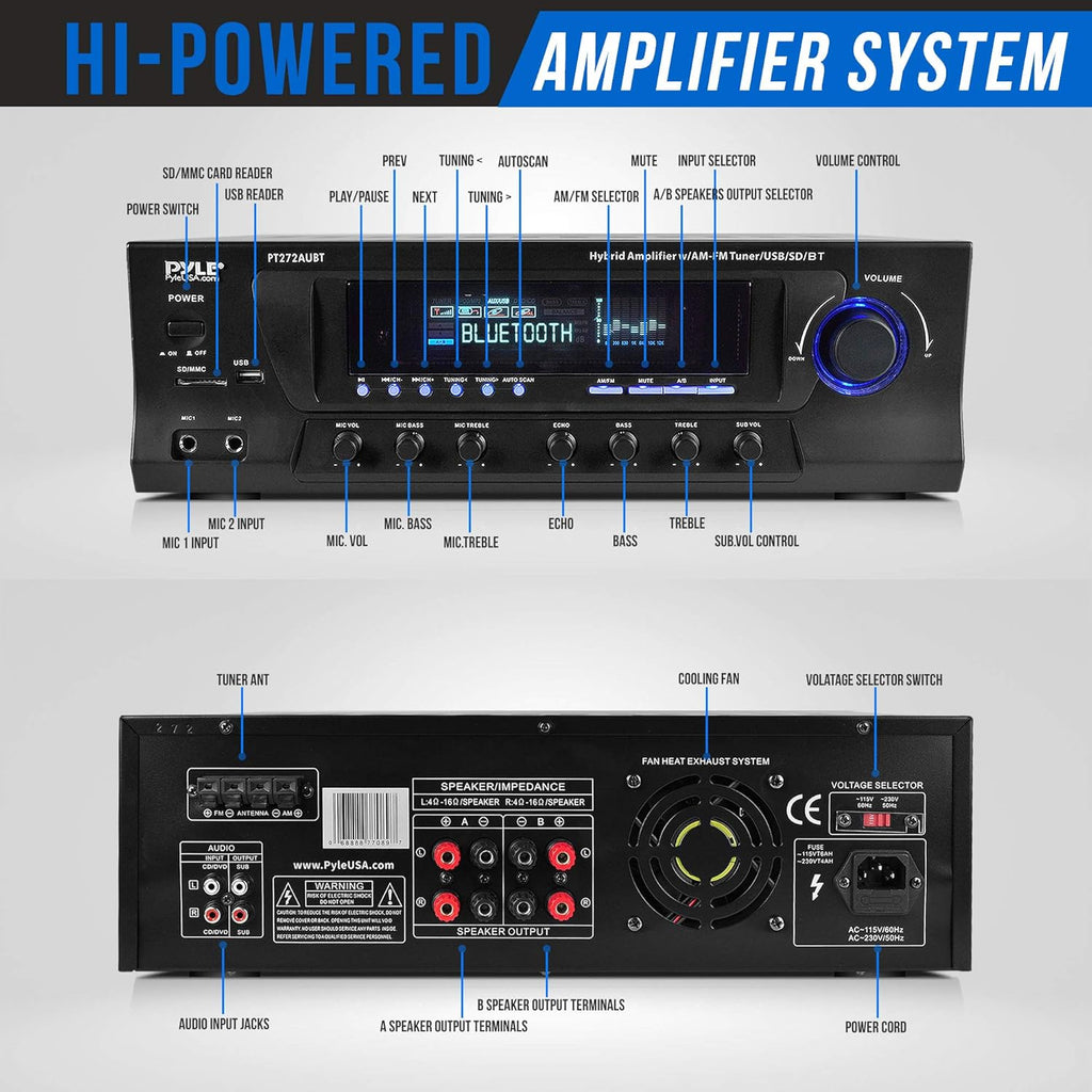 Wireless Bluetooth Power Amplifier - 300W 4 Channel Home Theater Stereo Receiver with USB, FM, 2 Mic Inputs, RCA, LED, Speaker Selector Q285314