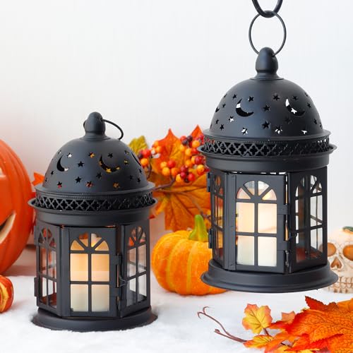 Set of 2 Decorative Hanging Lanterns, 8.5in, Metal Candle Holder for Indoor Outdoor Weddings Q5781
