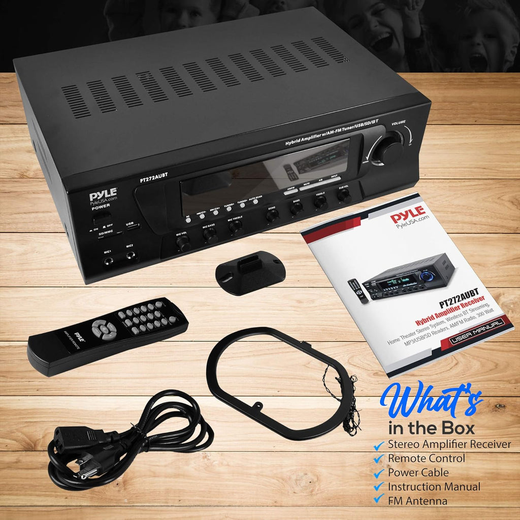 Wireless Bluetooth Power Amplifier - 300W 4 Channel Home Theater Stereo Receiver with USB, FM, 2 Mic Inputs, RCA, LED, Speaker Selector Q285314