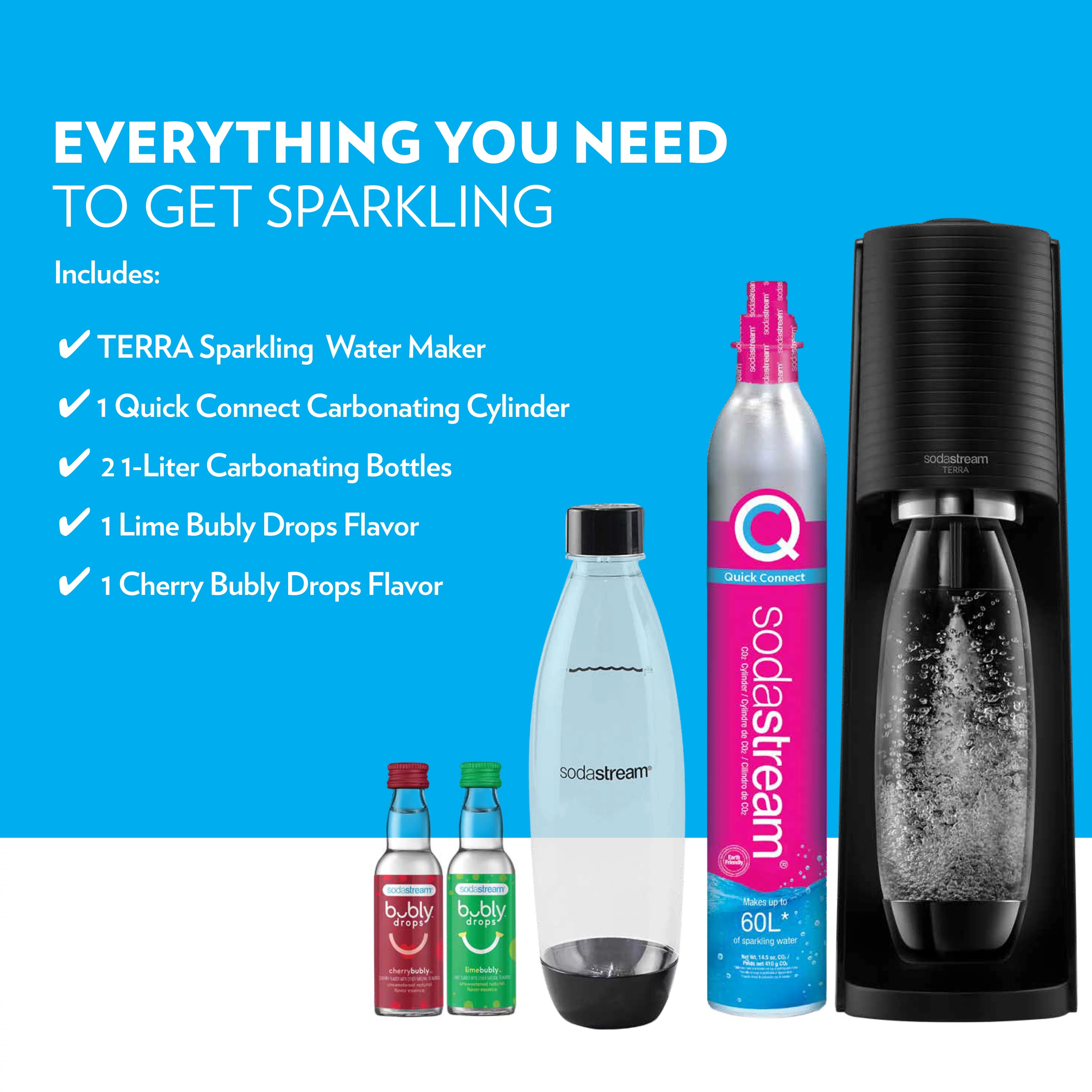 Sparkling Water Maker Bundle with CO2, 2 Bottles and 2 Flavoring Drops D470