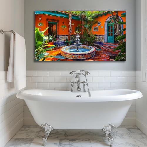 Colorful Mexican Village Canvas Wall Art, Large Abstract, Gold Metal Framed L12710