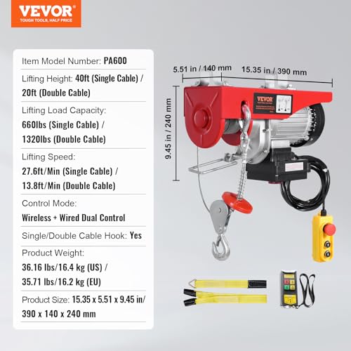 Electric Hoist, 2200 lbs Capacity, 110V with Wireless Remote, 40ft Lifting Height Y665