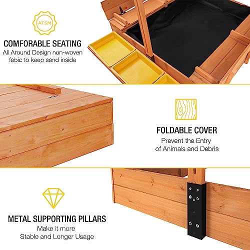 Kids Sandbox with Canopy, Foldable Bench Seats, Outdoor Wooden Playset H37656