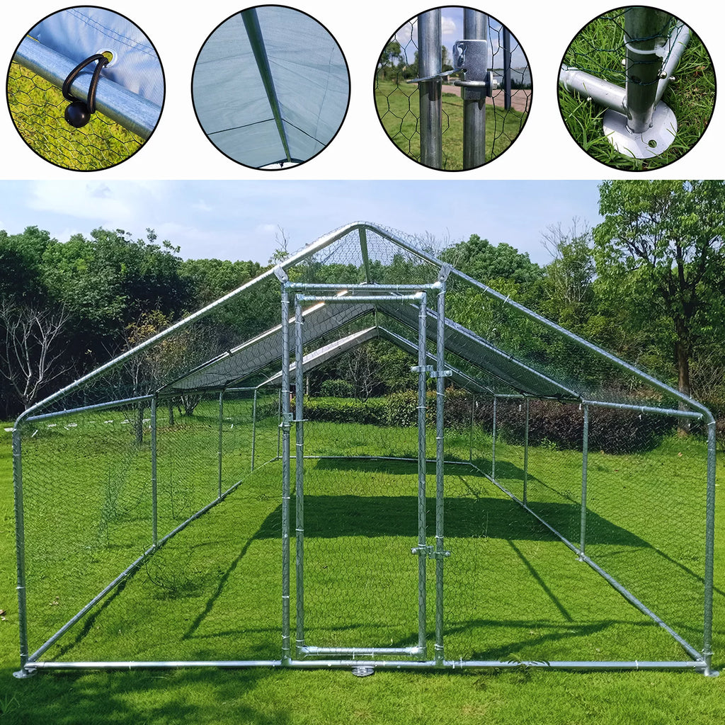 Large Chicken Run Coop 10x26ft Metal Hen House Walk-in Poultry Cage with Cover K1805