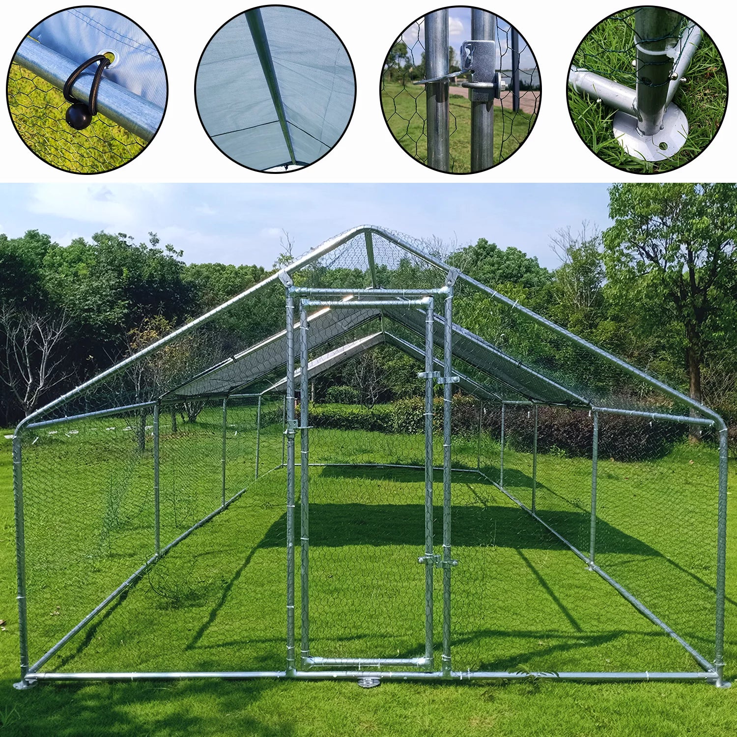 Large Chicken Run Coop 10x26ft Metal Hen House Walk-in Poultry Cage with Cover K1805