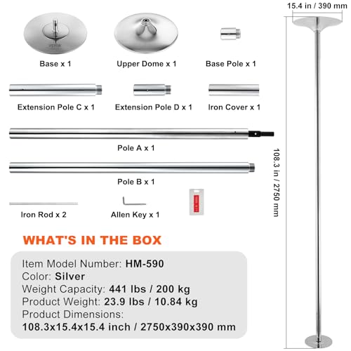 Spinning Static Dancing Pole, Height Adjustable Stainless Steel, Portable for Home Gym Q754