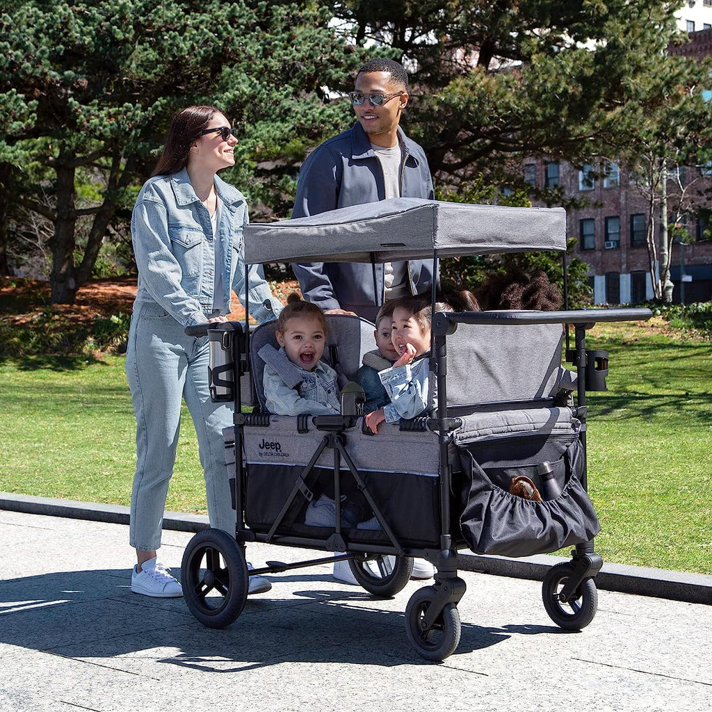 4 Seater Stroller Wagon with Convertible Seats, Adjustable Handles, Removable Canopy, Flat Fold J737378