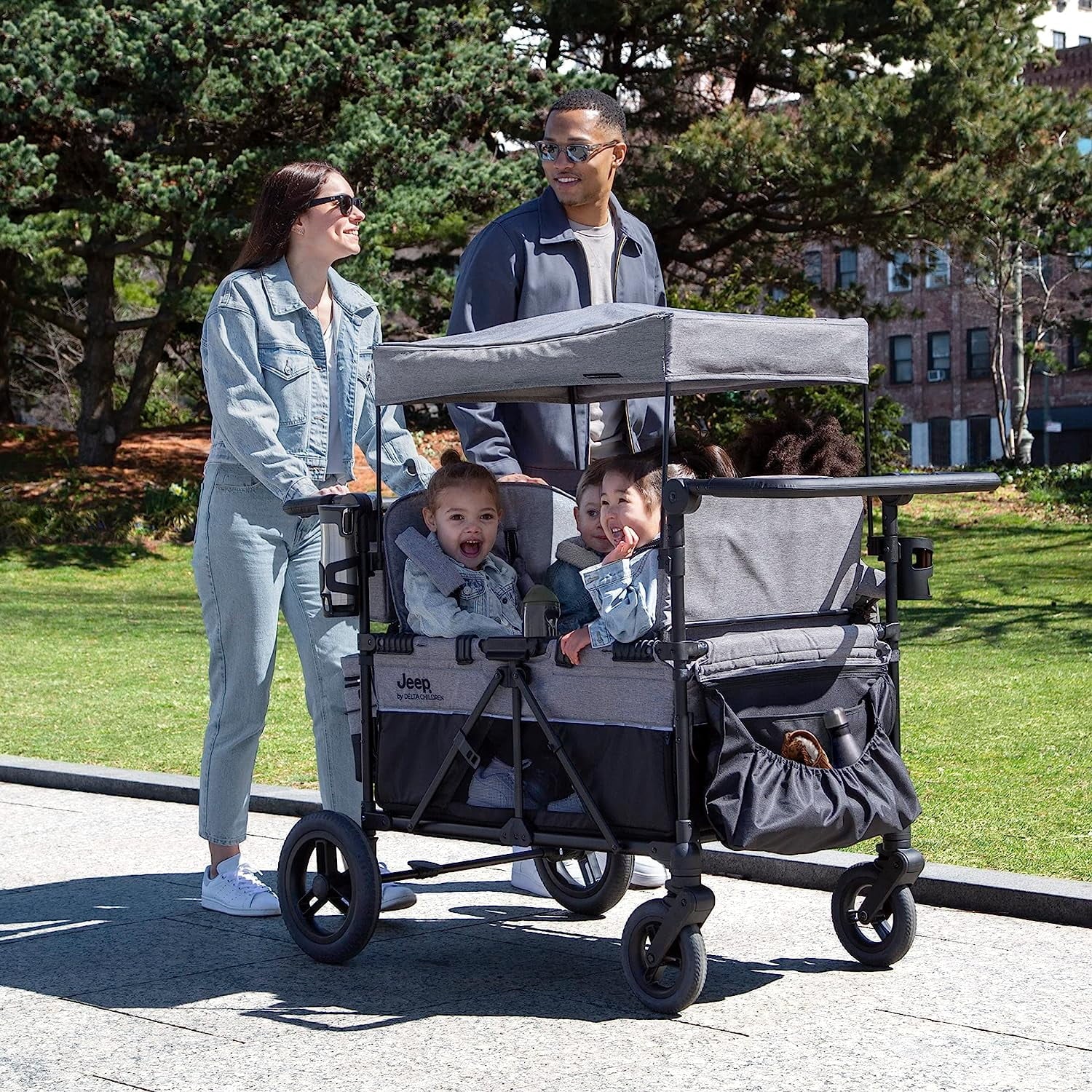 4 Seater Stroller Wagon with Convertible Seats, Adjustable Handles, Removable Canopy, Flat Fold J737378