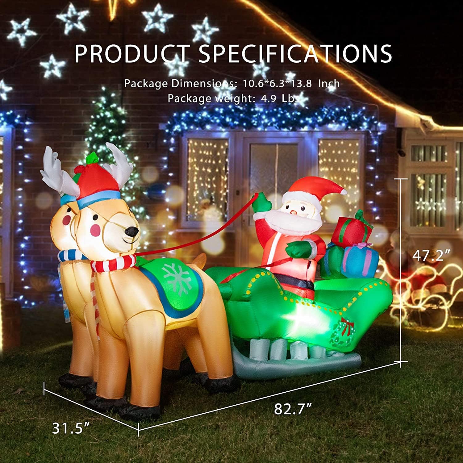 6.9ft Christmas Inflatable Santa on Sleigh with Reindeers and Gift Boxes H60650