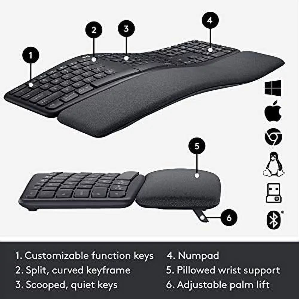 Wireless Ergonomic Keyboard with Wrist Rest, Split Layout for Windows/Mac B79578
