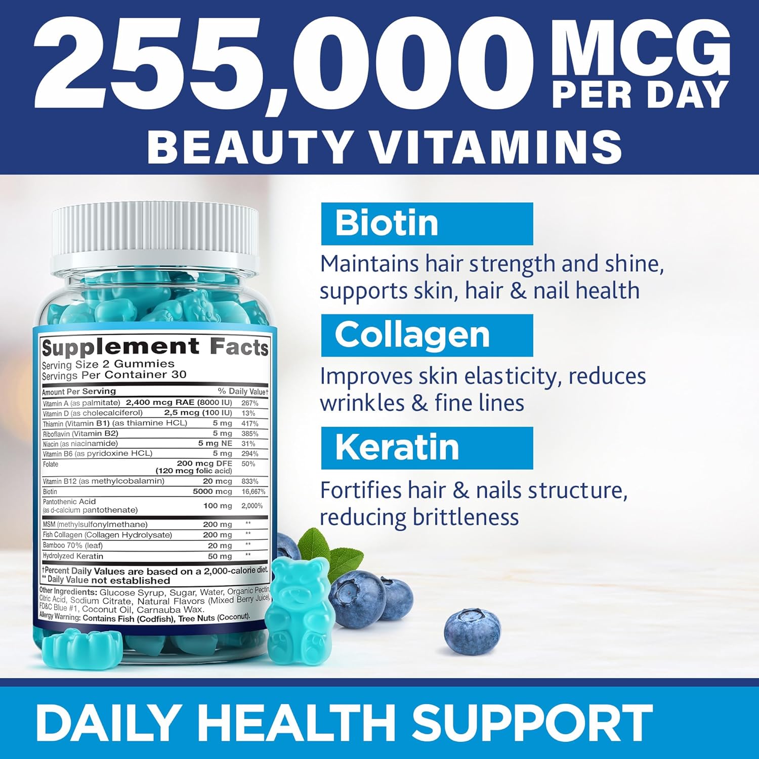 Hair Vitamins Gummies with Biotin, Collagen and Keratin for Hair, Skin and Nails E394233
