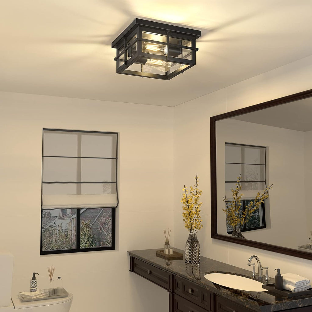 Modern Outdoor Ceiling Light Fixtures, 2-Light Black Flush Mount with Clear Glass Shade C16423