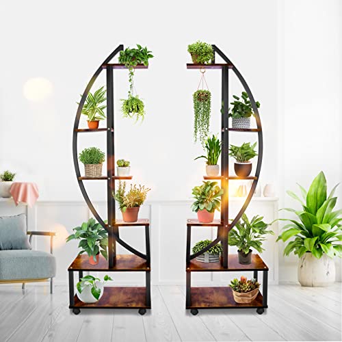 6 Tier Tall Metal Plant Stand with Hanging Loop, Half Moon Ladder Shelf for Indoor Outdoor Q5267