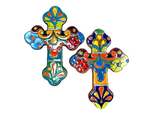 Talavera Cross Sculpture Folk Art Multicolor Mexican Pottery Home Decor Hand Painted Handmade Indoor Outdoor 12" (Multi)