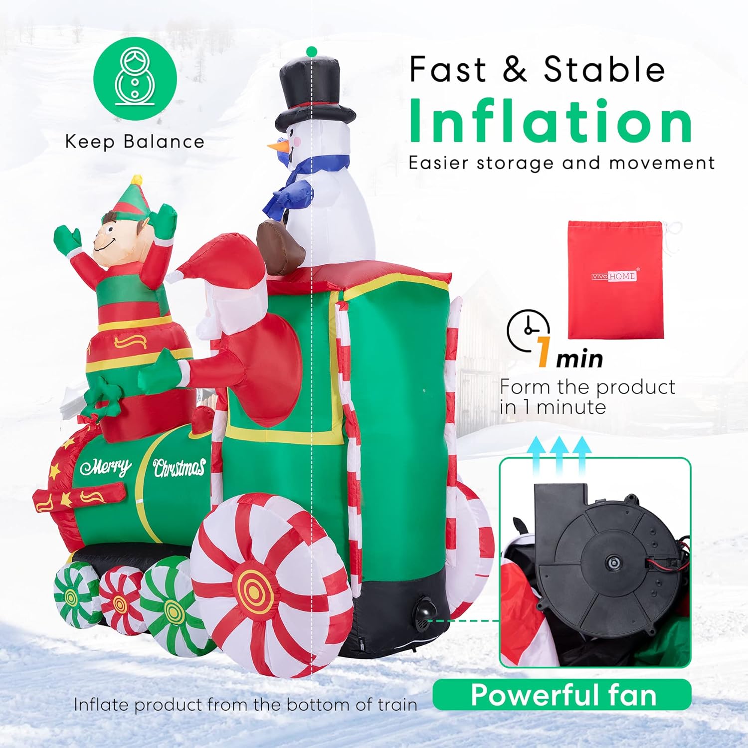 6ft Christmas Inflatable Santa on Train with Elf and Snowman LED Lights Outdoor Decor K465
