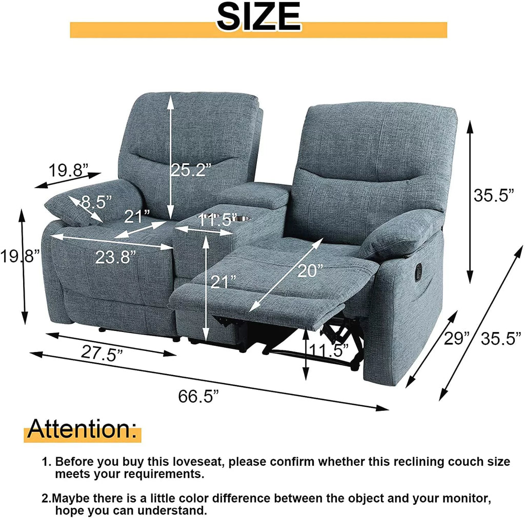 Reclining Sofa with Console, 2 Seater Fabric Loveseat with Cup Holders W678915