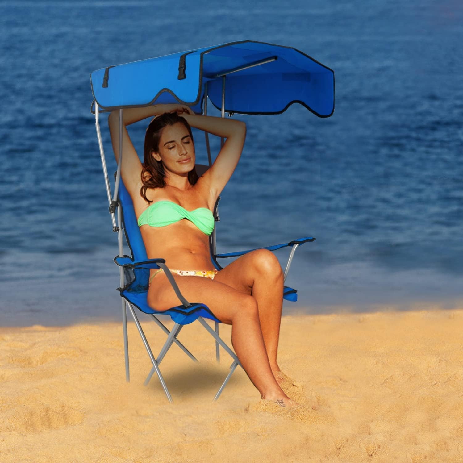 Folding Camping Chair with Shade Canopy, Cup Holder, UPF 50+ Sun Protection, Supports 330 LBS E442
