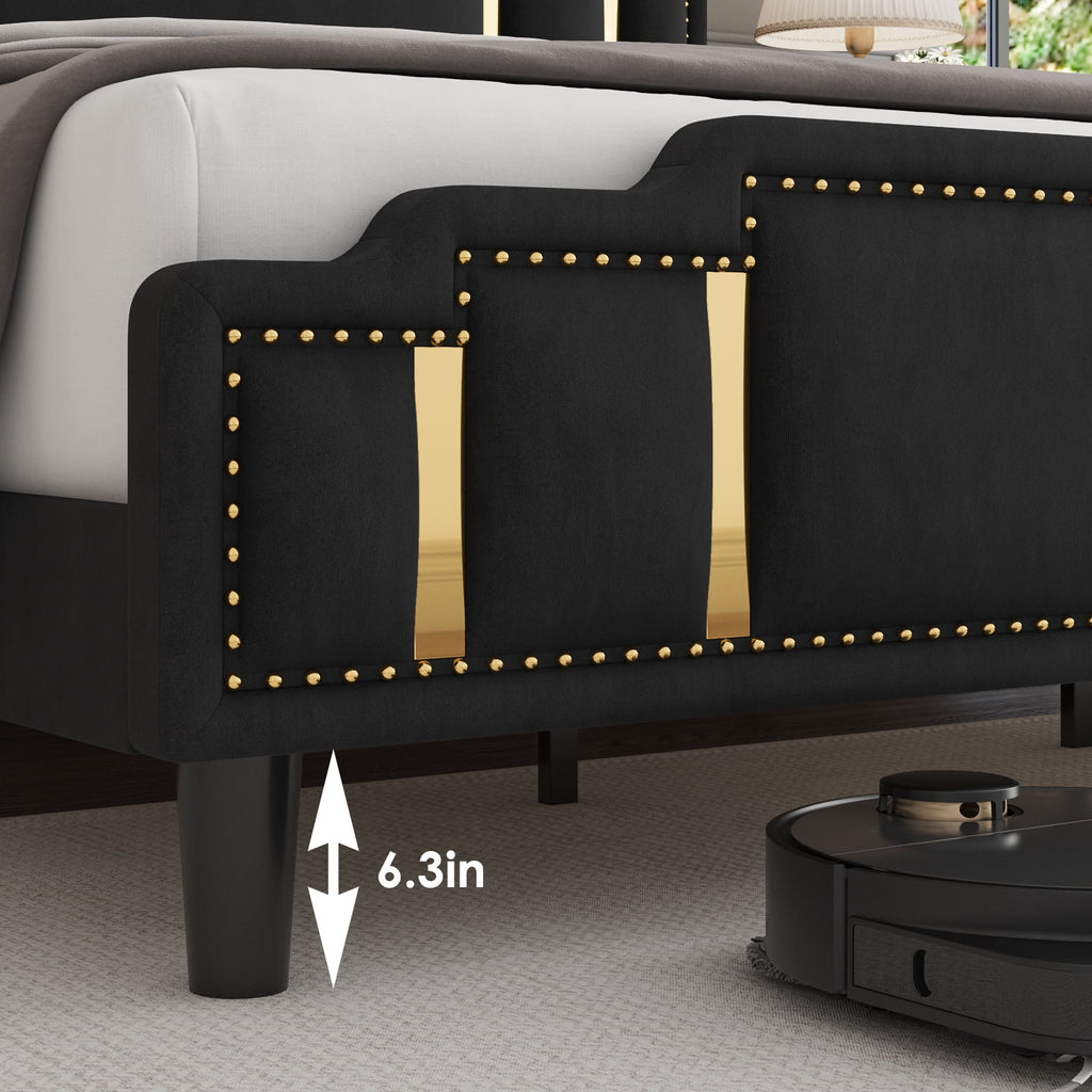 Queen Bed Frame, Velvet Upholstered Headboard with Golden Iron Sheet, Black Y30260
