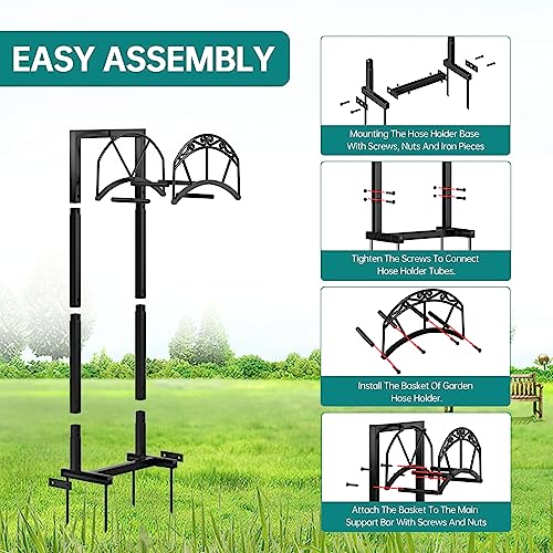 Garden Hose Holder Freestanding Heavy Duty Metal Detachable Outdoor Storage Rack, Black W5190