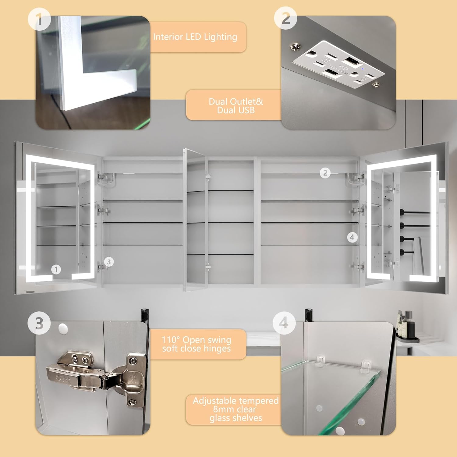 LED Lighted Bathroom Medicine Cabinet with Mirror, 60 x 30 Inch, Defog, Dimming, 2 Outlets B483042