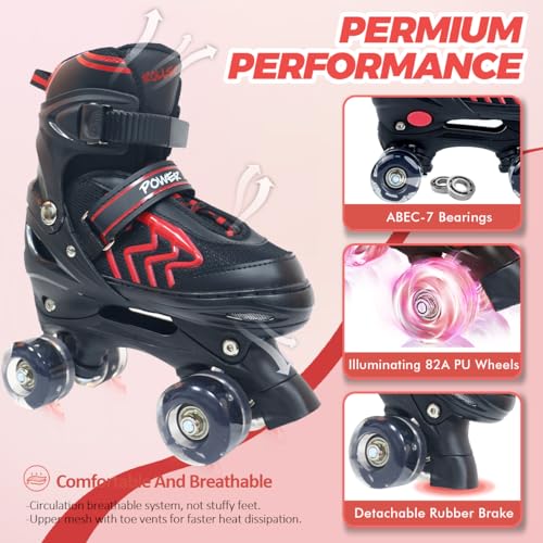 Kids Roller Skates Adjustable 4 Sizes with Light Up Wheels, Black & Red T777695