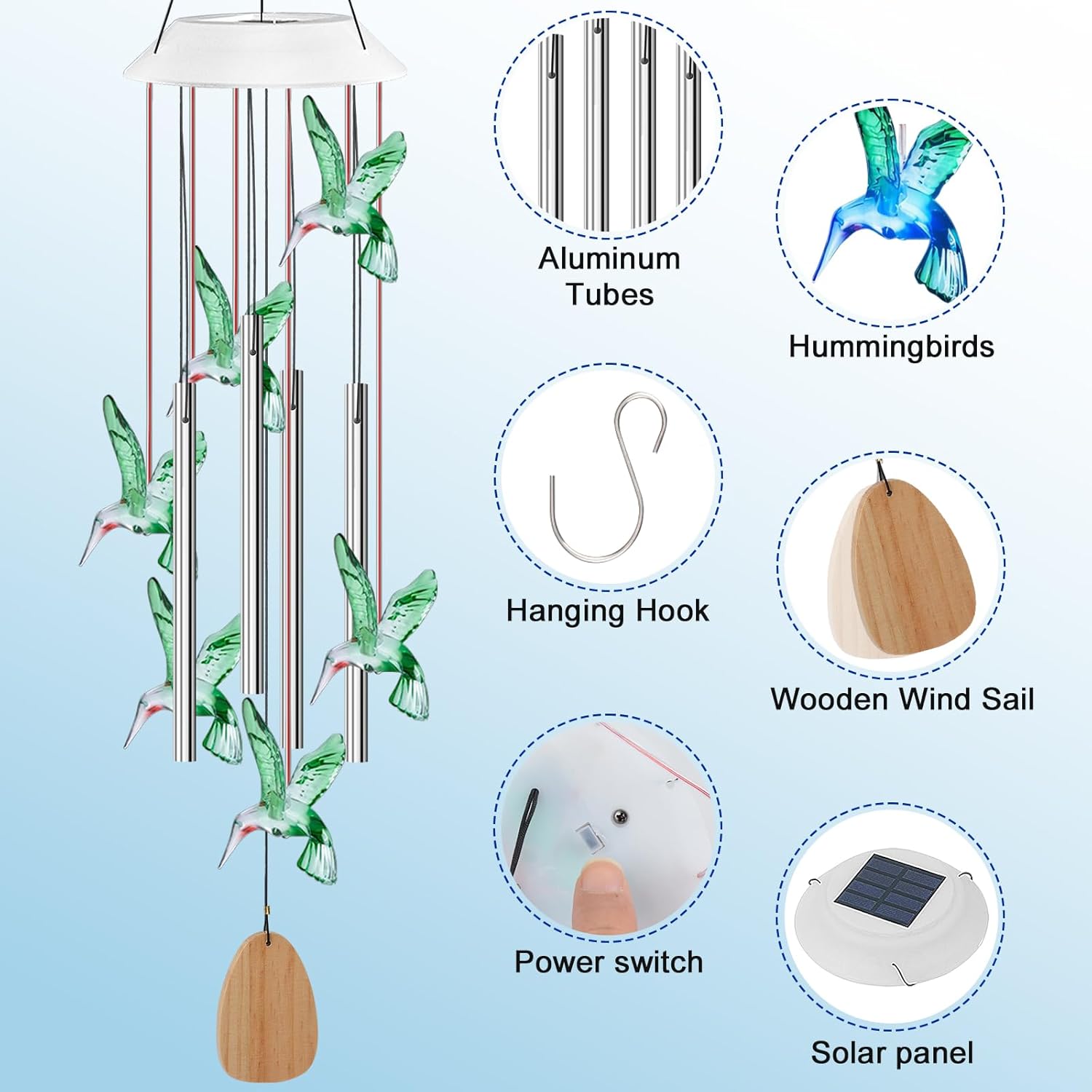 Solar Wind Chime with 4 Aluminum Tubes, 7-Color Changing, Outdoor Waterproof M86116