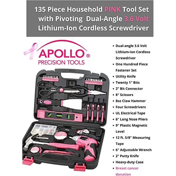135 Piece Household Tool Kit Pink with Cordless Screwdriver M3986