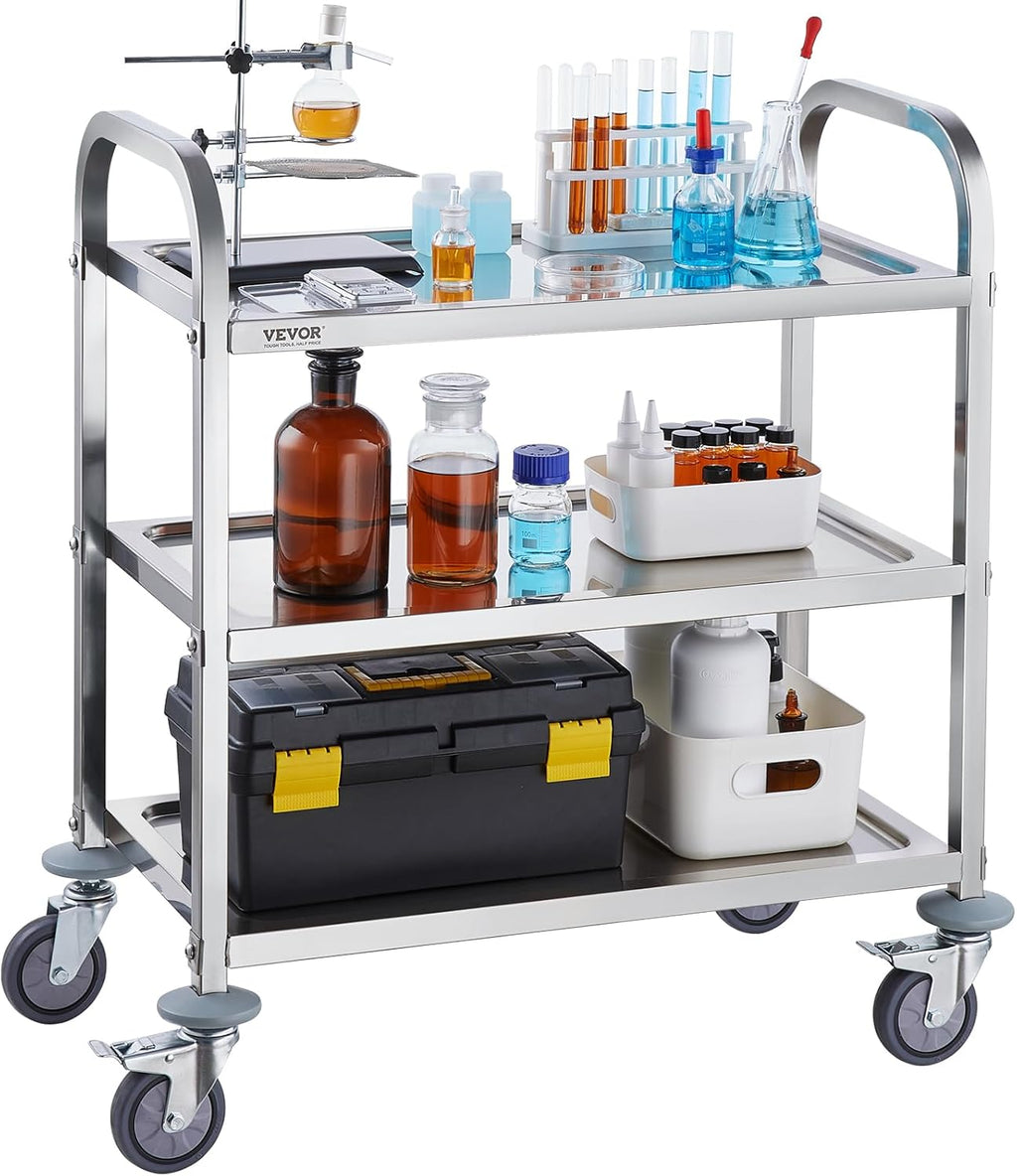 Lab Utility Cart, 220 lbs Capacity, 3 Shelves, Stainless Steel Frame D217890