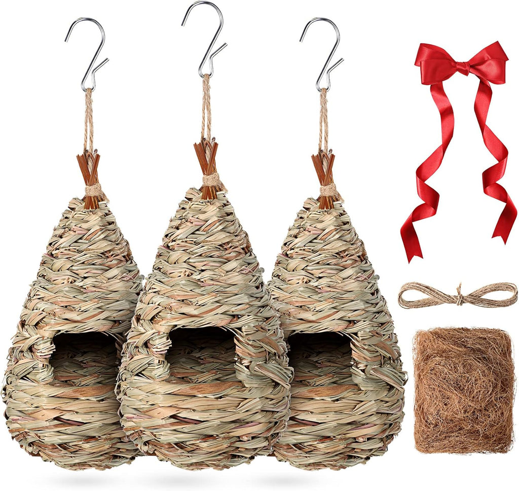3 Pack Hummingbird Nest House for Outside Hanging Bird Home Hummingbird Gifts with Coconut Fiber Nesting Material Red Ribbon Woven Hummingbird Nest Finch for Gardening Gifts Home Decoration