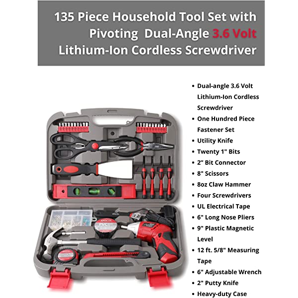 135 Piece Household Tool Kit Pink with Cordless Screwdriver M3986