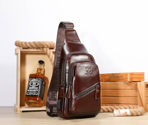 Leather Sling Bag for Men with USB Charging Port Crossbody Hiking Travel Backpack J514710